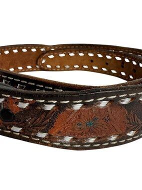 Brushy Creek Full Grain Cowhide Leather Belt Men's 38 Tan Tooled Eagle Floral